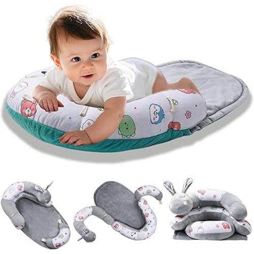 2-in-1 Tummy Time Mat Floor Seated Support Pillow, Baby Tummy Time Mat for Newborns and Older Babies, Detachable Caterpillar Tummy Time Playmat for Newborns Baby Skills