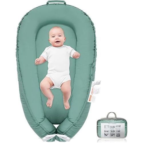 Baby Lounger for Newborn,Infant Lounger Baby Nest Cover for Babys,100% Cotton Breathable & Soft Baby Lounger Newborn Essentials for Baby 0-12 Months,Co Sleeper for Baby in Bed (Dark Green)