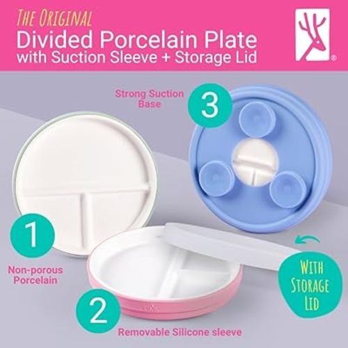 Elk and Friends Kids 6.7” Porcelain Divided Plates with Silicone Suction Sleeves | Suitable for Babies/Kids/Toddlers | Microwave & Dishwasher Safe | Non Slip | Snack Dishes
