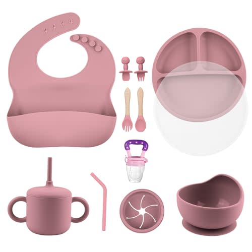 Silicone Baby Feeding Set, Baby Spoons Self Feeding 6 months, Baby Suction Bowl, Plates, Bib, Spoons set, Baby Led Weaning Supplies to Develop Self-feeding Skills, Dishwasher Safe (Pink)
