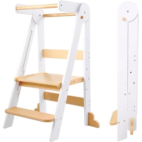 HARPPA Foldable Toddler Kitchen Stool, Kitchen Stool Helper, Standing Tower with 3 Adjustable Height, Suitable age for 1-6 Years, Montessori Kitchen Tower(white)