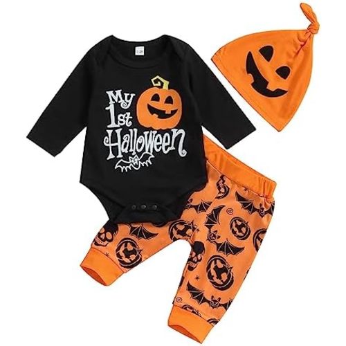 My First Halloween Baby Boy Outfit Newborn Long Sleeve Romper Pants Hat Baby Pumpkin Clothes Fall Winter Clothes