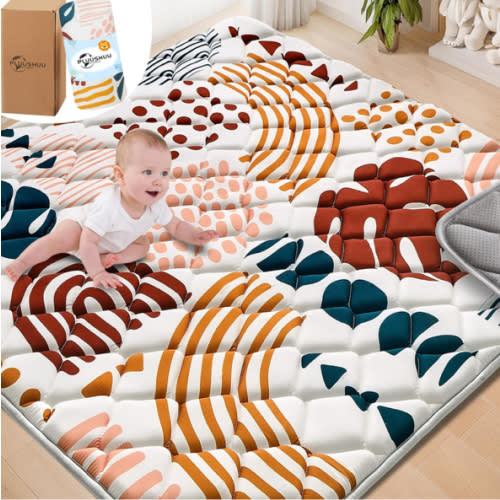 Baby Play Mats for Floor, 50x50 Playpen Mat for Babies, Extra Thicker & Soft Floor Crawling Mat, Foldable Non-Slip Playmat Cushioned for Infants Toddlers, Boho Leaf Design