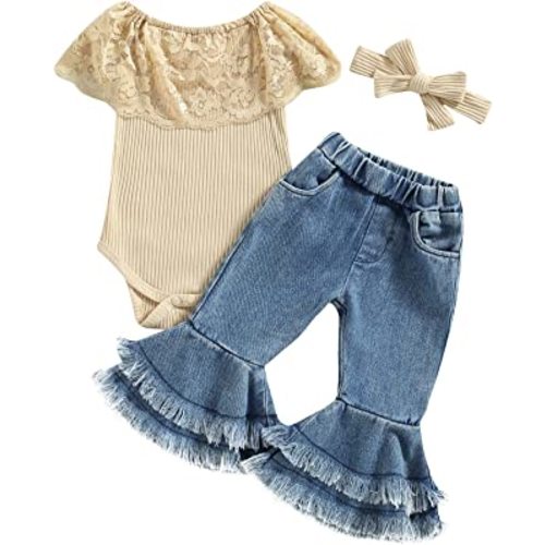 Baby Girl Outfit Infant Rib Ruffle Long Sleeve Romper Onesie Top Bell-Bottom Denim Pants Sets Cute Clothes