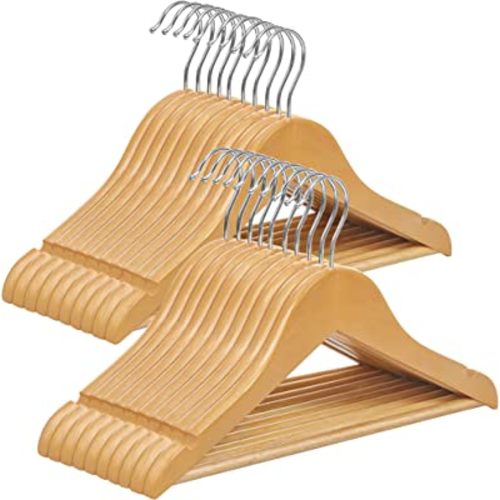 SONGMICS Kids Wooden Hangers 20 Pack, Solid Wood Baby Hangers, Children's Coat Hangers with Pants Bar, Shoulder Notches, Swivel Hooks, 12.6 x 7.5 Inches, Natural and Silver UCRW06NL