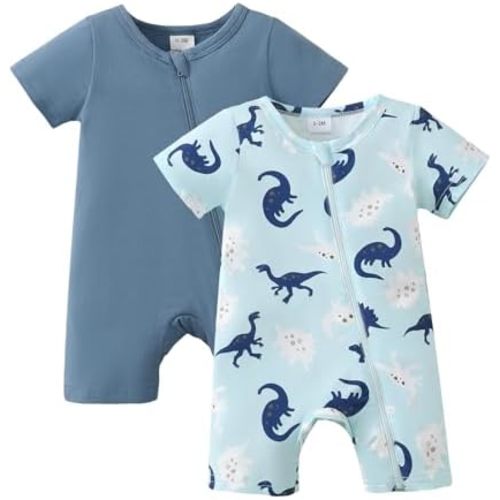 Newborn Baby Boy Clothes Summer Infant Boy Outfits Dinosaur Short Sleeve Zipper Rompers Jumpsuits Bodysuit 2 Pack