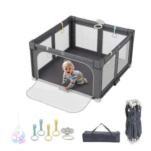 Reasea Baby Playpen, Play Yard with Basket, 4 Handlers & 50 Ocean Balls, Portable Travel Play Fence with Carry Bag, 50" X 50", Gray