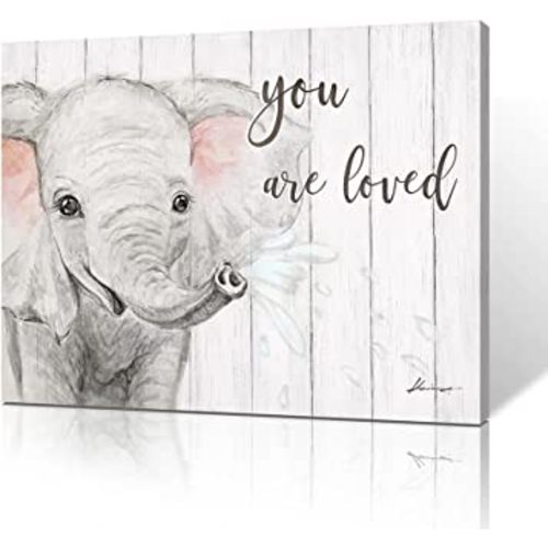 Elephant Nursery Canvas Wall Art: Blush Pink and Grey Baby Elephant Wall Art Prints "You Are Loved" Inspirational Quote Poster Cute Animal Picture for Baby Kids Room Decor Framed Small 16x12inch