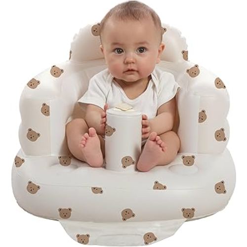Inflatable Baby Seat for Babies 3-36 Months, Built in Air Pump Baby Chair Sit Me up Floor Seat for Baby, Bumbo Seat for Learning to Sit, Feeding, Camping (Bear)