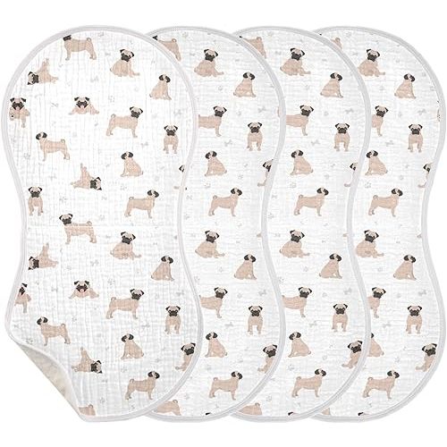 Muslin Baby Burp Cloths, Cute Pug Puppy Dogs Muslin Baby Rags Comfy Soft Absorbent in for Newborn Boys and Girls 4 Piece 22 x 11 Inch