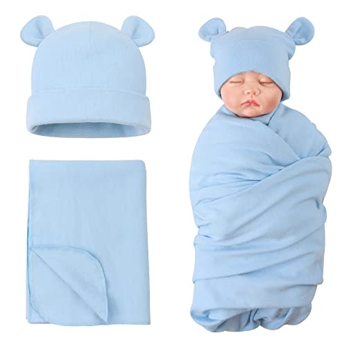 PESAAT Cotton Baby Swaddle Hat Set Newborn Infant Hats Receiving Blankets for Baby Boys Girls