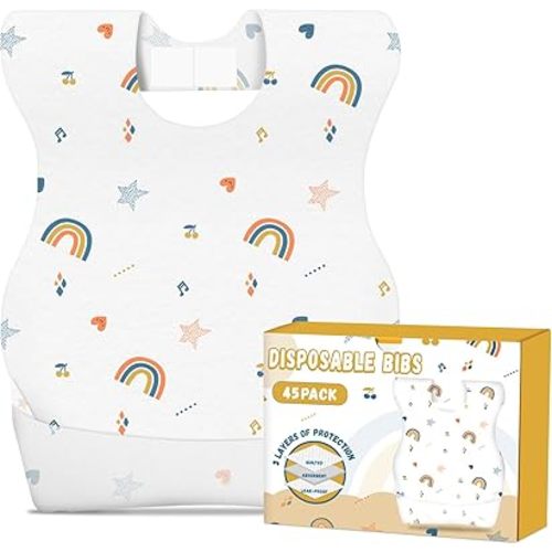 Disposable Feeding Bibs for Boys and Girls, 45 Piece Disposable Baby Bibs with Pocket, for Travel or Resaurant, Absorbent and Leakproof (Rainbow)