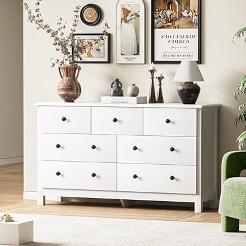 White Dresser for Bedroom, 7 Drawer Chest of Drawer with Metal Handle and Wide Drawer, Modern Wood Double Storage Organizer Dresser for Living Room, Hallway, Entryway
