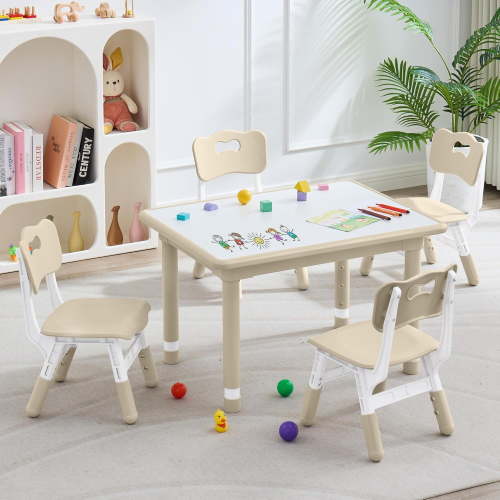 HLL Kids Table and 4 Chairs Set, Height Adjustable Toddler Table and Chair Set, Multi-Activity Table with Graffiti Desktop, Children’s Table and Chairs for Classroom, Home & Daycare Natural