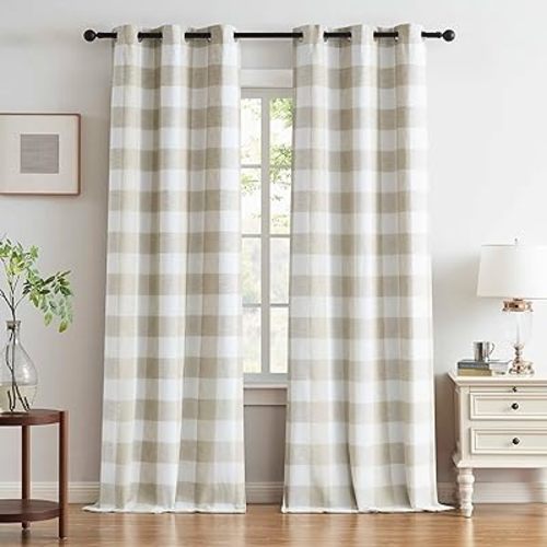 Buffalo Plaid Full Blackout Window Curtains 84 Inches Long Checkered Grommet Panels Farmhouse Geo Energy Efficient Drapes Noise Reducing Thermal Window Treatment Set for Bedroom Tan White,40"x84"x2