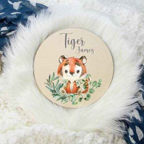 Tiger Round Wood Name Sign, Safari Tiger Baby Sign, Round Wood Baby Name Sign, Baby Announcement, Tiger Nursery Decor, Safari Nursery S7