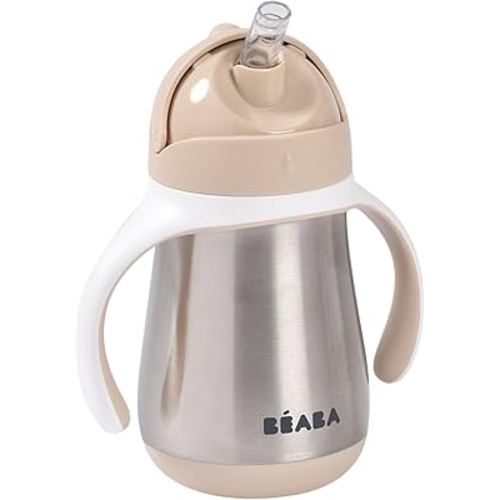 Beaba Stainless Steel Straw Sippy Cup, Insulated Toddler Cups Spill Proof with Removable Handles, Made with High Grade Stainless Steel, 8+ months, 8.5 oz Oat