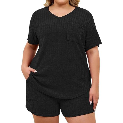 Womens Plus Size Lounge Sets 2 Piece Short Sleeve Tops and Shorts Sleepwear Pajama Set with Pockets