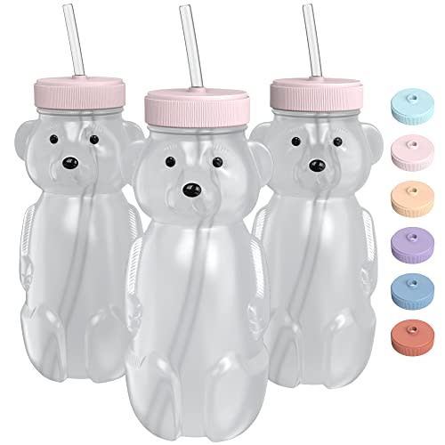 The 730 Project Honey Bear Straw Cup for Babies, 8-oz Honey Bear Cup with Lid, 3-Pack Therapy Learning Honeybear Straw Cup, Baby Honey Bear Bottle Set, Cherry Blossom PINK