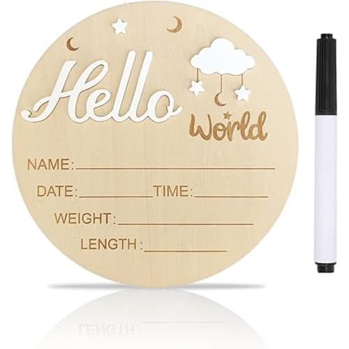 Baby Announcement Sign, 5.9 Inch Wooden Hello World Newborn Signs, Birth Announcement Sign, Cloud and Stars Decoration, Welcome Newborn Arrival To World, Hospital Nursery for Baby (White)