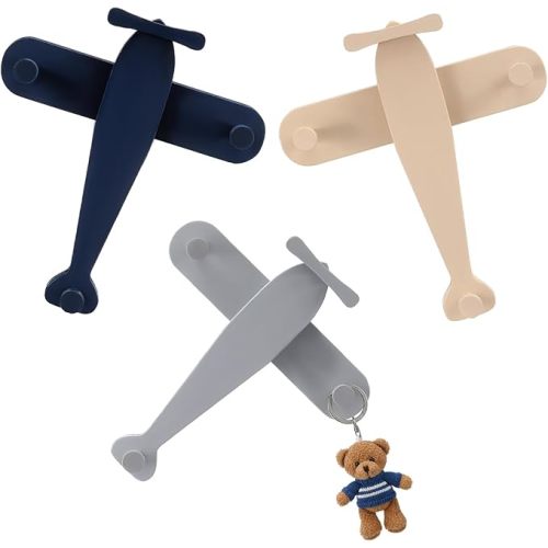 3 Pack Airplane Shaped Wall Coat Hooks Nursery Decor Wooden Airplane Decorative Cute Coat Rack Wall Mount Aviation Decor for Bedroom Living Room Office Entryway Door Nursery