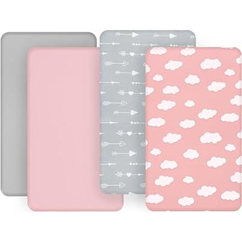 Baby Bassinet Sheets 4 Pack, Compatible with COWIEWIE, YADAQE, Graco Travel Lite Crib, Cloud Baby, Ingenuity Bassinet, Ultra Soft & Skin-Friendly, Pink Print