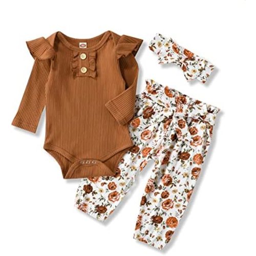 Ribbed Ruffled Romper+Floral Pants+Headband Outfit Set 6-12 months