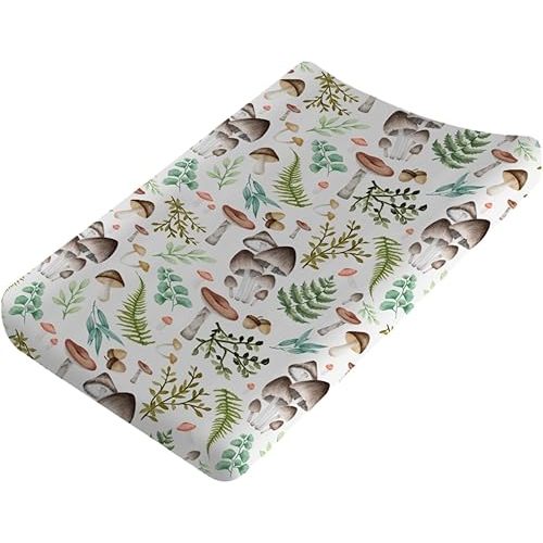 Woodland Mushroom Forest Changing Pad Covers Watercolor Mushroom Green Leaves Diaper Changing Table Sheets for Girl Boy Wild Plants Soft Breathable Stretch Fitted Baby Change Table Mats 32''x16''
