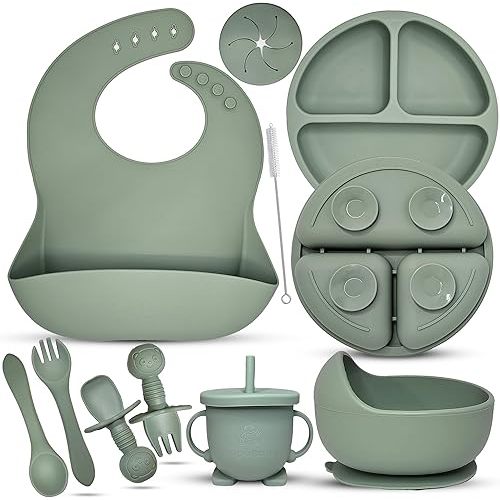 Baby Led Weaning Supplies | 10 Piece Silicone Feeding Set | Baby Toddler Bib Cup Divided Plate and Bowl Self Feeding Spoons Dish Set | Baby Utensils | Toddler Feeding Supplies (Sky)