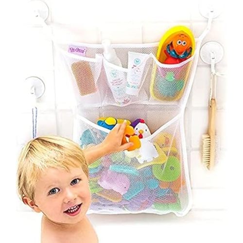 Original Tub Cubby Bath Toy Storage Organizer - 14"x20" Mesh Shower Caddy With Suction Cup & Adhesive Hooks, Toy Storage Net Organizer for Kids Bathroom Decor, Bedroom & More - with Extra Hooks