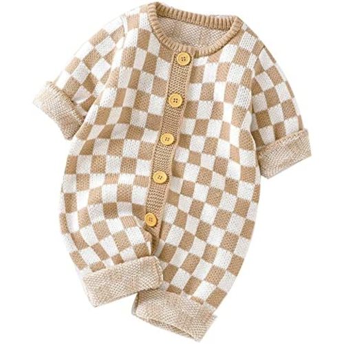 Unisex Baby Girl Boy Knitted Romper Jumpsuit Checkerboard Plaid One Piece Button Down Sweater Playsuit Clothes