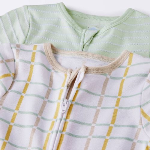 Baby 2pk Striped Grid Adjustable Cuff Romper - Cloud Island™ Mint Green 3-6m