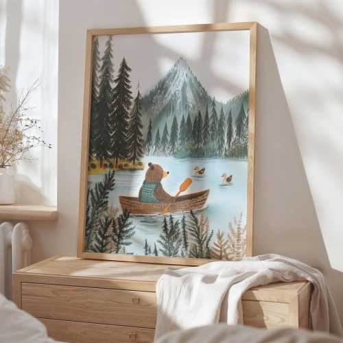 Bear in Canoe Woodland Nature Print, Playroom Decor, Playful Children&#39;s Decor, Toddler Room Prints, Nursery Wall Art, Kids Room Art, Animal