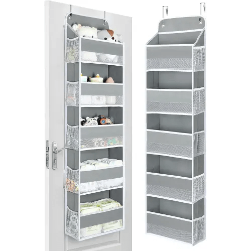 Yecaye 1 Pc Over the Door Organizer with 5 Bins 10 Side Pockets, 44lbs Load Hanging Bathroom and Bedroom Organizer, behind the Door Hanging Organizers for Nursery Newborn Baby Essential Stuff Grey