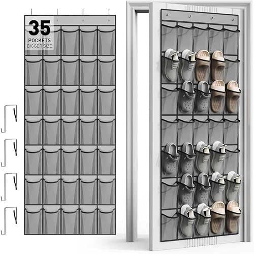 WVM Over the Door Shoe Organizer with 35 Breathable Mesh Pockets, Hanging Shoe Organizer for Door with 4 Metal Hooks, Large Capacity Closet Storage for Shoes, Accessories, Grey