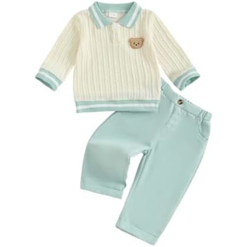 Giraropa Conjunto de sudadera de manga larga con bordado de oso para bebé, 2 piezas, conjunto de pantalones para otoño e invierno