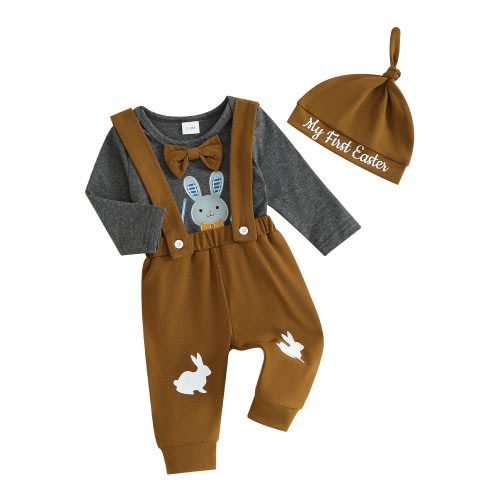 Baby Boys Easter Clothes Long Sleeve 1st Easter Bunny Romper Suspender Pants Hat Sets Mewborn Coming Home Outfit 0-18M