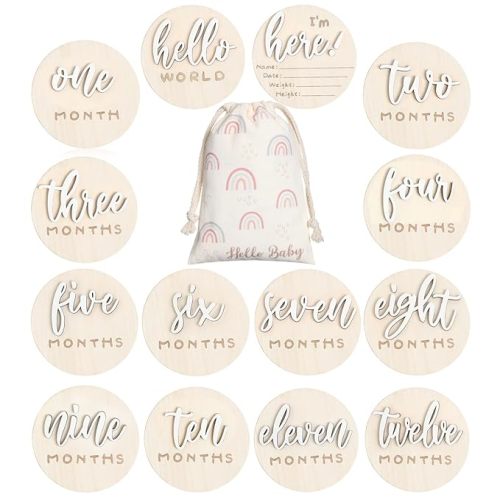 7 Pack 3D Baby Monthly Milestone Card Signs Baby Announcement Sign Double Sided Hello World Newborn Signs Wooden Circles Discs for Welcome Newborn Boy Girl Photo Props(White,Letter)