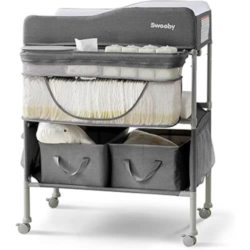 Sweeby Portable Baby Changing Table, 4 Position Height Adjustable with Lockable Wheels, 2 Storage Basket for Essentials, Waterproof Diaper Changing Table Station Pad Topper with Play Center,Dark Grey