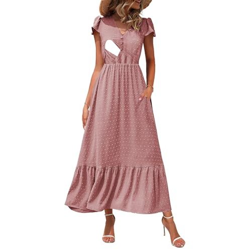 CzzzyL Women Nursing Boho Maxi Dresses Cap Short Sleeve V Neck Swiss Dot High Waisted A-Line Ruffle Tiered with Pockets