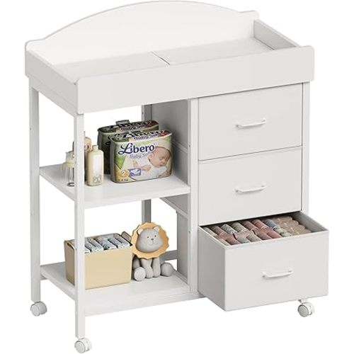 YeTom Changing Table, Baby Dresser with 3 Drawers and 2 Shelves, Multi-Functional Baby Changing Table with Pad, Classic Nursery Dresser, Diaper Changing Station, White (White)