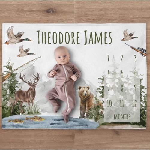 Hunting Milestone Blanket, Personalized Baby Boy Month Blanket, Fishing Nursery Custom Newborn Growth Tracker, New Mom Baby Shower Gift