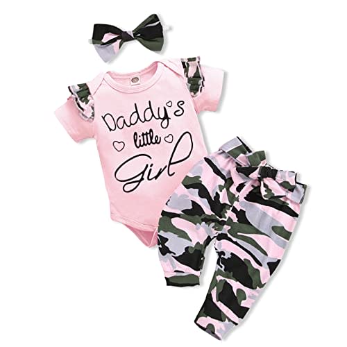 AMAWMW Baby Girl Clothes Set Daddys Little Girl Ruffle Romper Top Camouflage Pants Newborn Infant Baby Girl Outfit