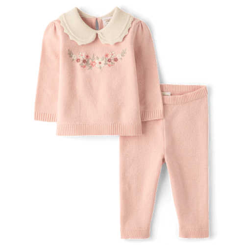 Baby Girls Embroidered Floral Sweater 2-Piece Outfit Set - Pink
