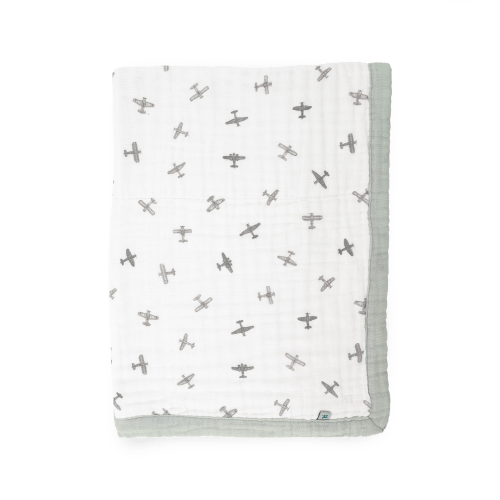 Organic Cotton Muslin Baby Quilt - Pewter Planes