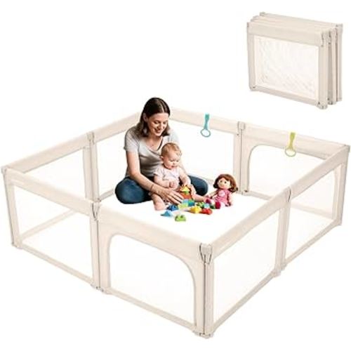 Doradotey Foldable 71"x79" Baby Playpen – 8-Panel Breathable Mesh Play Yard with Shape-Flex Design, Easy No-Tools Setup & Portable Storage for Indoor/Outdoor Safety, Khaki