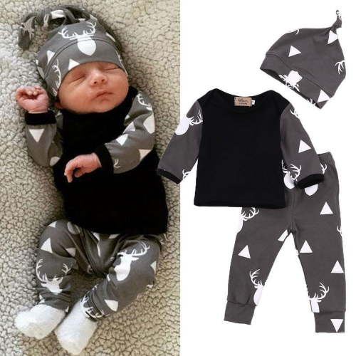 Qtinghua Newborn Baby Boys Clothes Deer Tops T-Shirt +Pants Leggings +Hat 3Pcs Infant Cotton Outfits Gray 6-12 Months