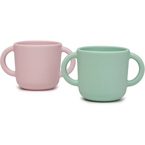 Silicone Training Cup for Infants, Toddler Learning Cup with Two Handles, Baby Open Cup 5oz, 6months+ (green+pink)