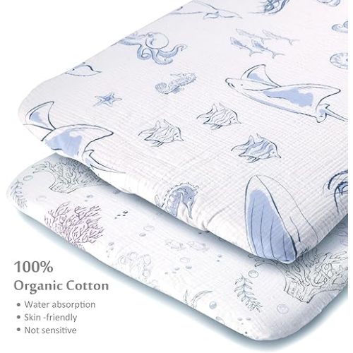 TCBunny 2 Pack Premium Fitted Baby Muslin Crib Sheets 28"x52" for Standard Crib Mattress - Ultra-Soft Cotton, Marine Paradise Pattern, Safe and Snug for Baby