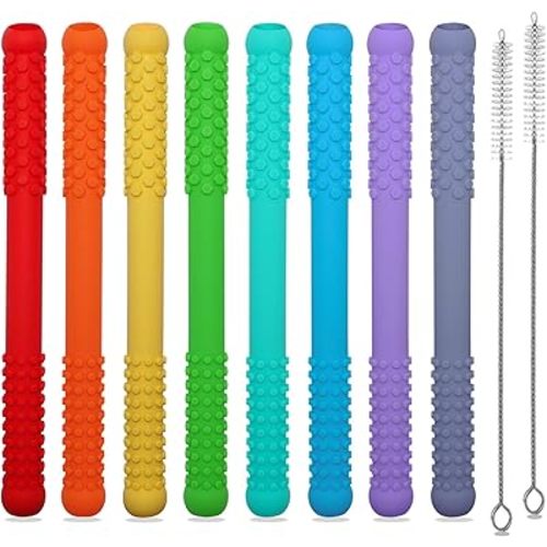 Teething Straws Sticks for Babies 6-12 12-18 Months, Hollow Teething Tubes for Infant Toddlers Nursing Biting Chewing, 8 Pack Silicone Teethers Autism Chew Toys for Sensory Kids Teething Relief